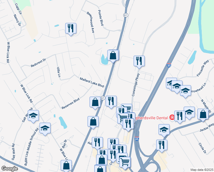map of restaurants, bars, coffee shops, grocery stores, and more near 116 Mallard Lake Boulevard in Shepherdsville