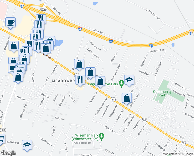 map of restaurants, bars, coffee shops, grocery stores, and more near 125 Andover Drive in Winchester