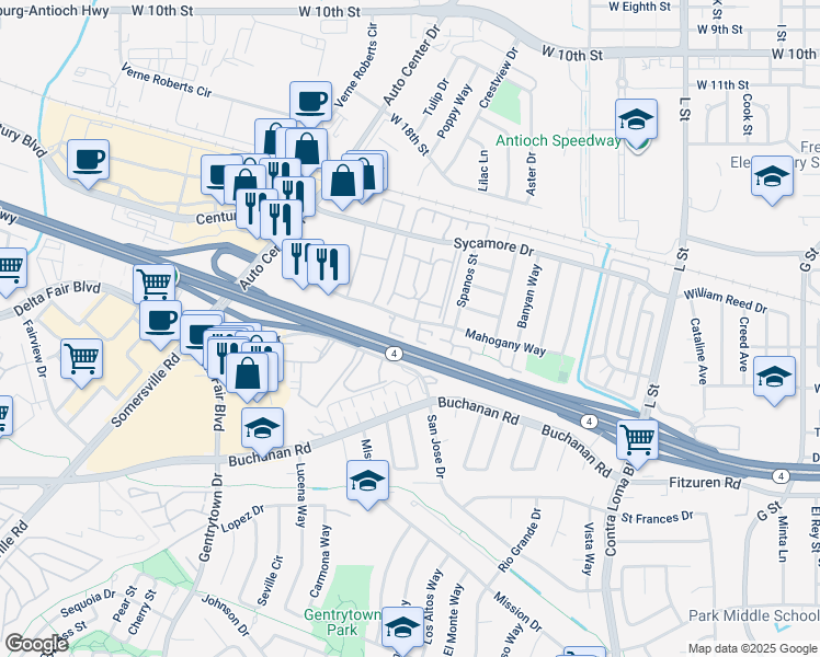 map of restaurants, bars, coffee shops, grocery stores, and more near in Antioch