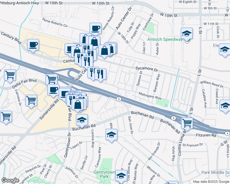 map of restaurants, bars, coffee shops, grocery stores, and more near 2410 Starlight Lane in Antioch