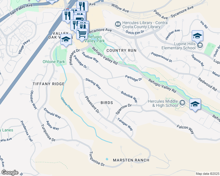 map of restaurants, bars, coffee shops, grocery stores, and more near 130 Bobolink Way in Hercules