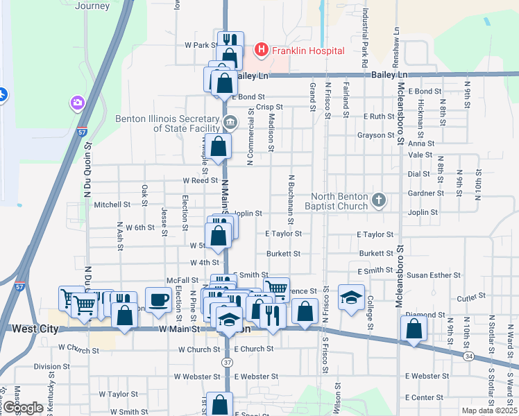 map of restaurants, bars, coffee shops, grocery stores, and more near 203 Joplin Street in Benton