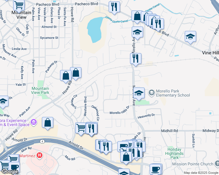 map of restaurants, bars, coffee shops, grocery stores, and more near 121 Saint Nazaire Court in Martinez