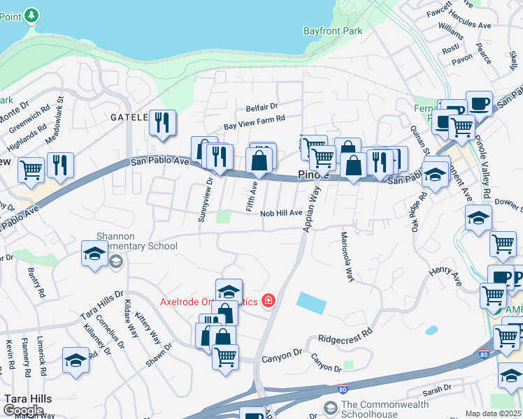 map of restaurants, bars, coffee shops, grocery stores, and more near 1284 Nob Hill Avenue in Pinole