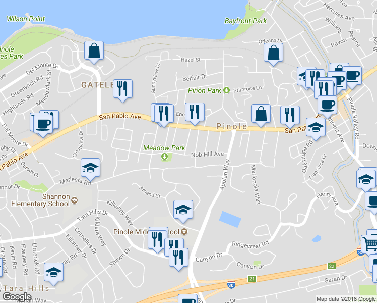 map of restaurants, bars, coffee shops, grocery stores, and more near 1240 Nob Hill Avenue in Pinole