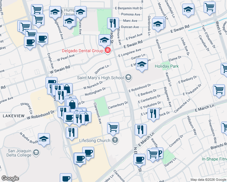 map of restaurants, bars, coffee shops, grocery stores, and more near 8 West Robinhood Drive in Stockton