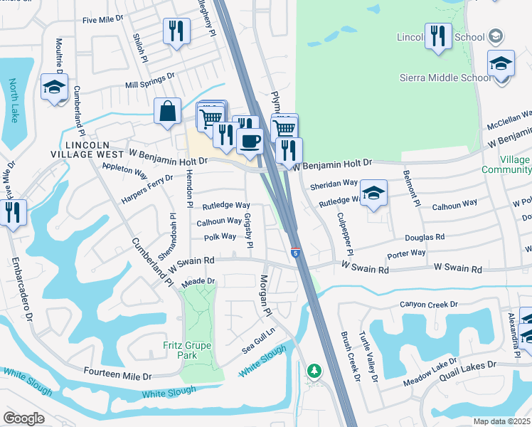map of restaurants, bars, coffee shops, grocery stores, and more near 6408 Morgan Place in Stockton