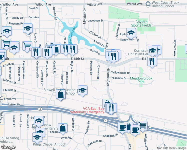 map of restaurants, bars, coffee shops, grocery stores, and more near 1904 Blossom Drive in Antioch