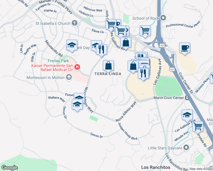 map of restaurants, bars, coffee shops, grocery stores, and more near 475 El Faisan Drive in San Rafael