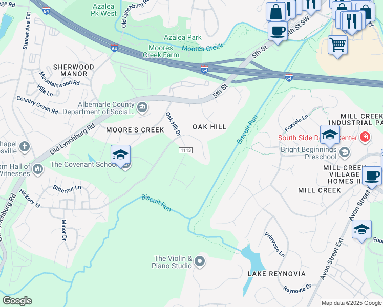 map of restaurants, bars, coffee shops, grocery stores, and more near 1203 Oak Hill Drive in Charlottesville