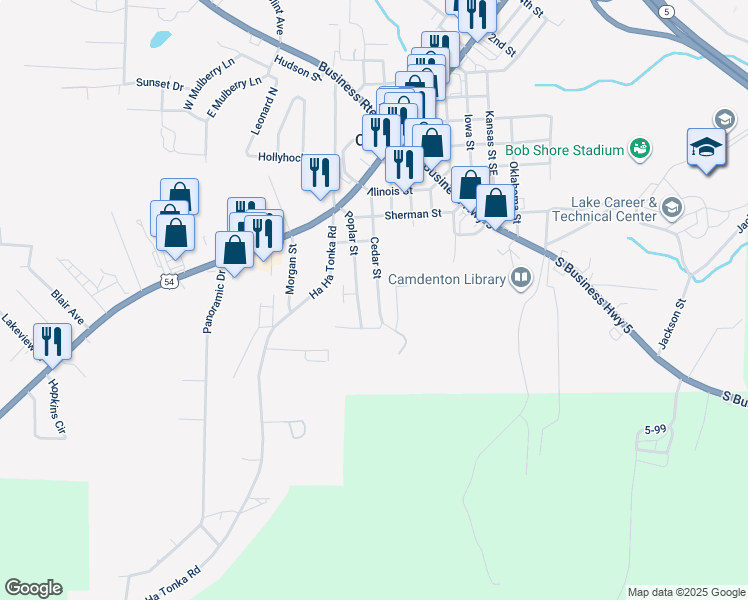 map of restaurants, bars, coffee shops, grocery stores, and more near 266 Cedar Street in Camdenton