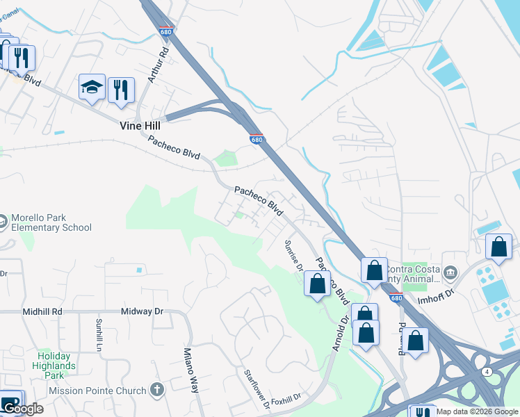 map of restaurants, bars, coffee shops, grocery stores, and more near Little Valley Road in Martinez