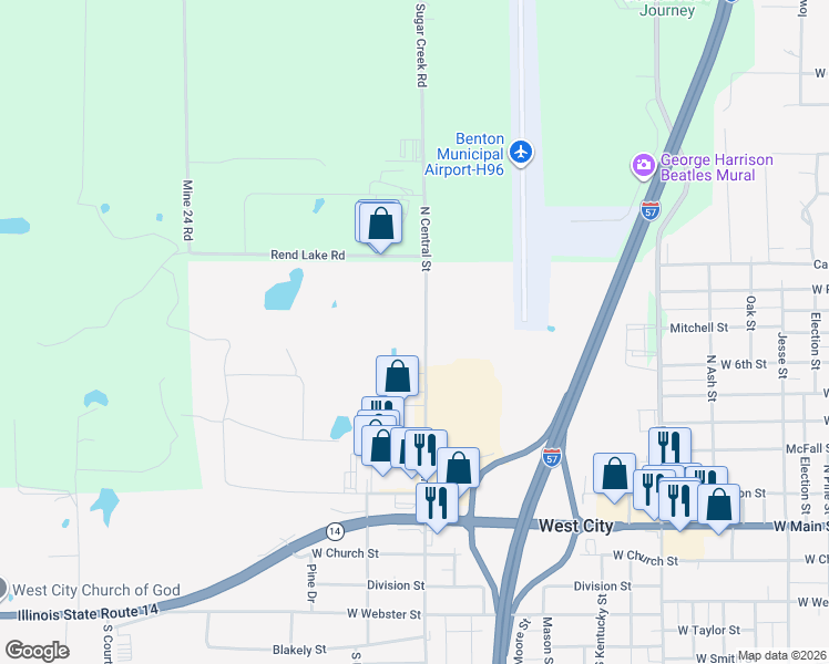 map of restaurants, bars, coffee shops, grocery stores, and more near 219 North Central Street in Benton
