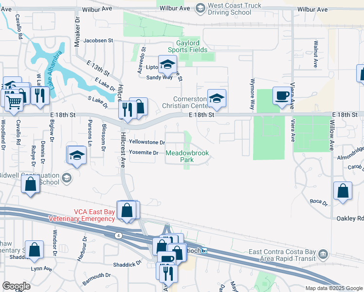 map of restaurants, bars, coffee shops, grocery stores, and more near 1620 Yellowstone Drive in Antioch