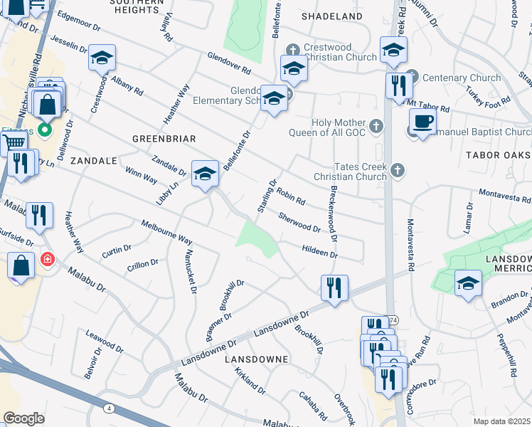 map of restaurants, bars, coffee shops, grocery stores, and more near 3145 Starling Drive in Lexington