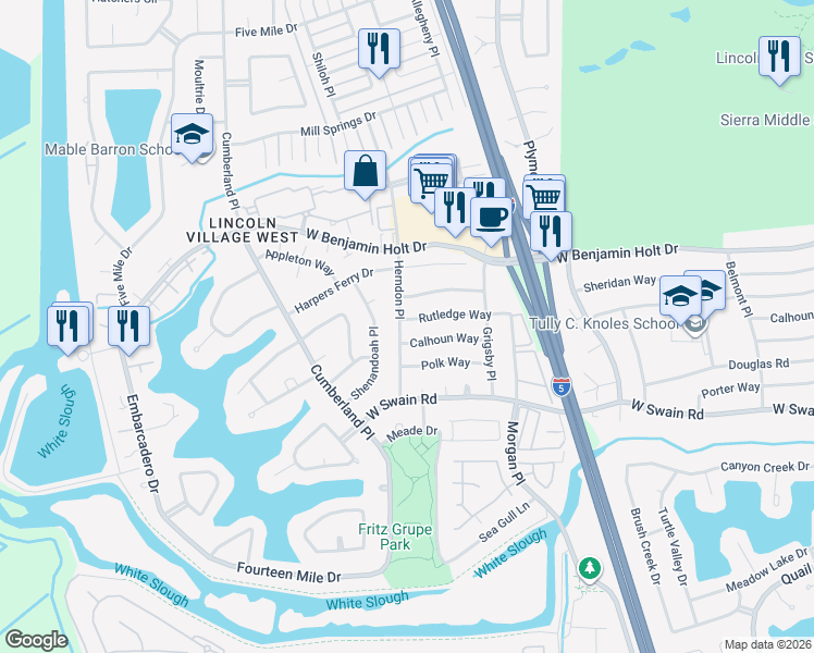 map of restaurants, bars, coffee shops, grocery stores, and more near 3254 Rutledge Way in Stockton