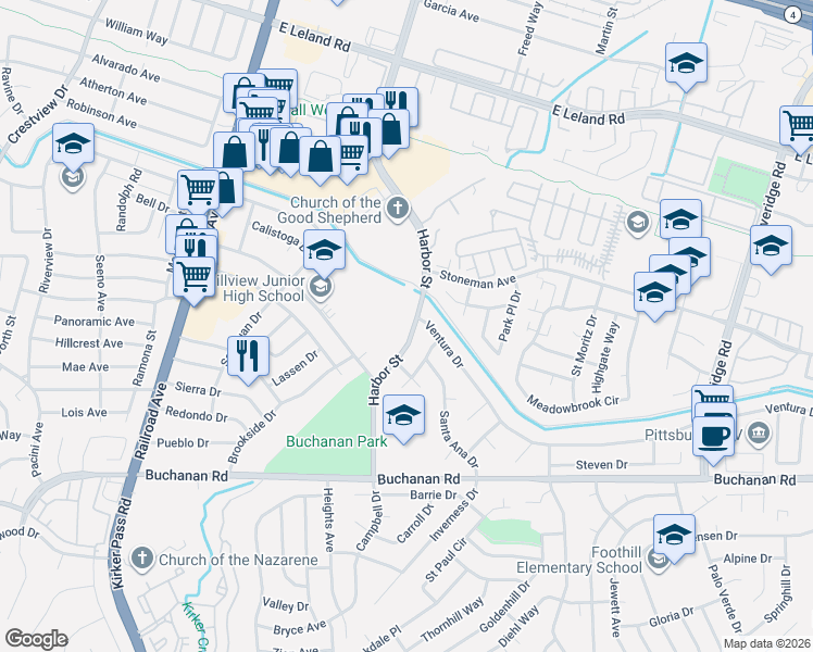 map of restaurants, bars, coffee shops, grocery stores, and more near 3818 Harbor Street in Pittsburg
