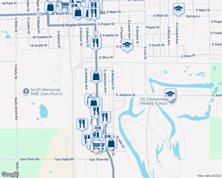 map of restaurants, bars, coffee shops, grocery stores, and more near 600-698 South Madison Street in Du Quoin