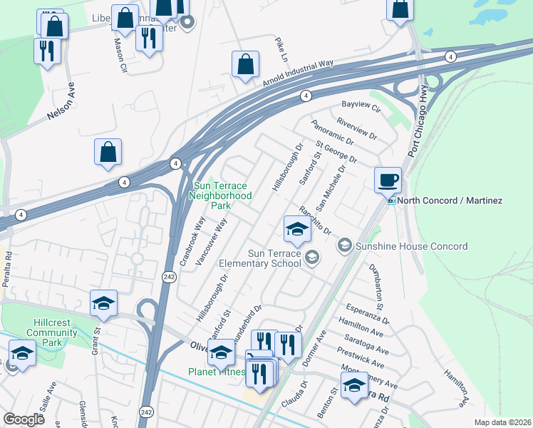 map of restaurants, bars, coffee shops, grocery stores, and more near 3631 Hillsborough Drive in Concord