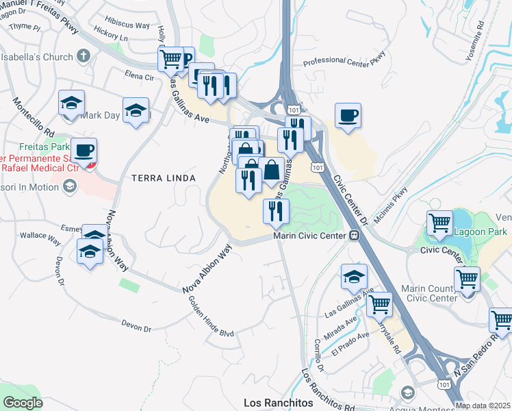 map of restaurants, bars, coffee shops, grocery stores, and more near 9000 Northgate Parking Lot in San Rafael