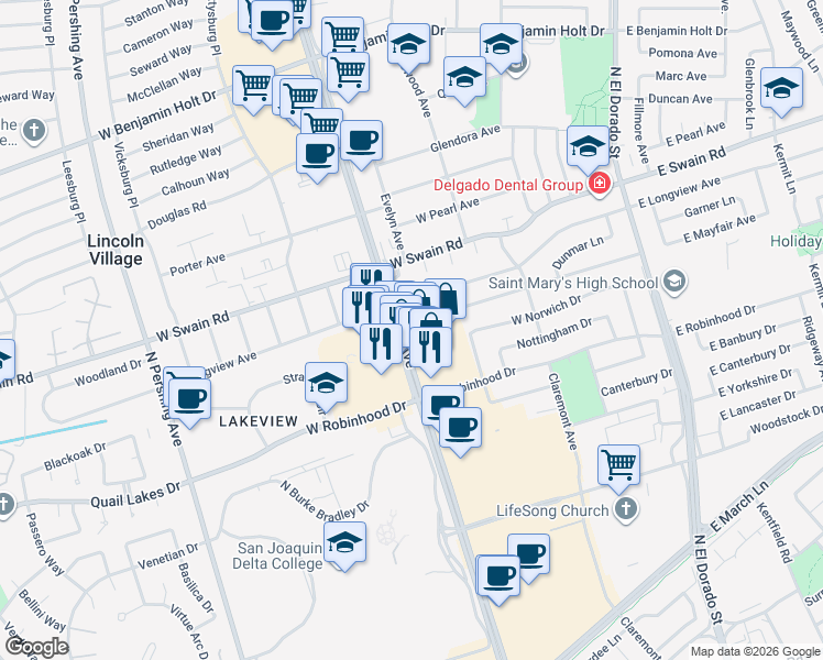 map of restaurants, bars, coffee shops, grocery stores, and more near 5802 Pacific Avenue in Stockton