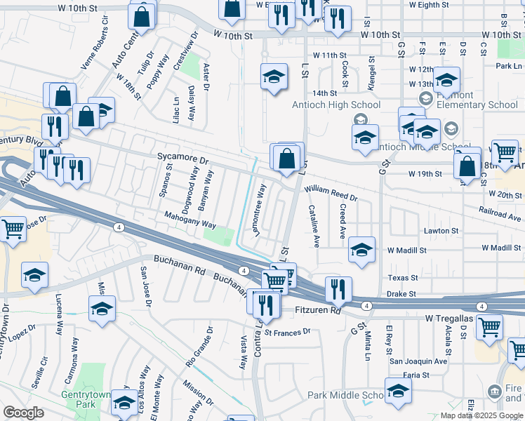 map of restaurants, bars, coffee shops, grocery stores, and more near 2209 Lemontree Way in Antioch