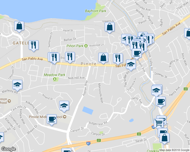 map of restaurants, bars, coffee shops, grocery stores, and more near 924 Smith Avenue in Pinole