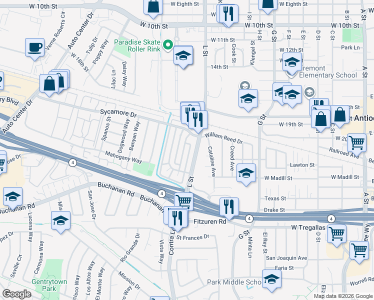 map of restaurants, bars, coffee shops, grocery stores, and more near 2201 Peppertree Way in Antioch