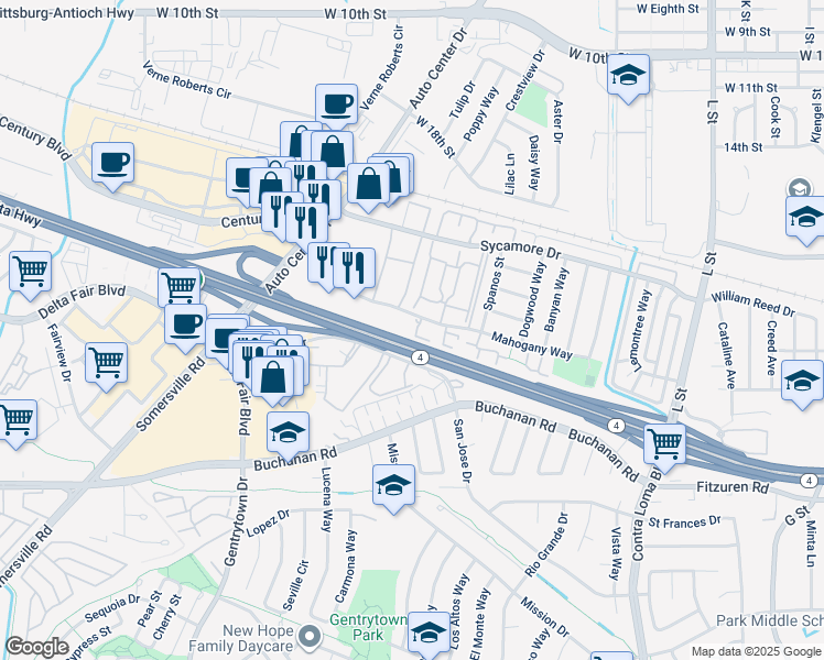 map of restaurants, bars, coffee shops, grocery stores, and more near 2410 Starlight Lane in Antioch