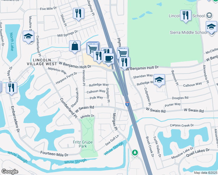 map of restaurants, bars, coffee shops, grocery stores, and more near 6406 Grigsby Place in Stockton