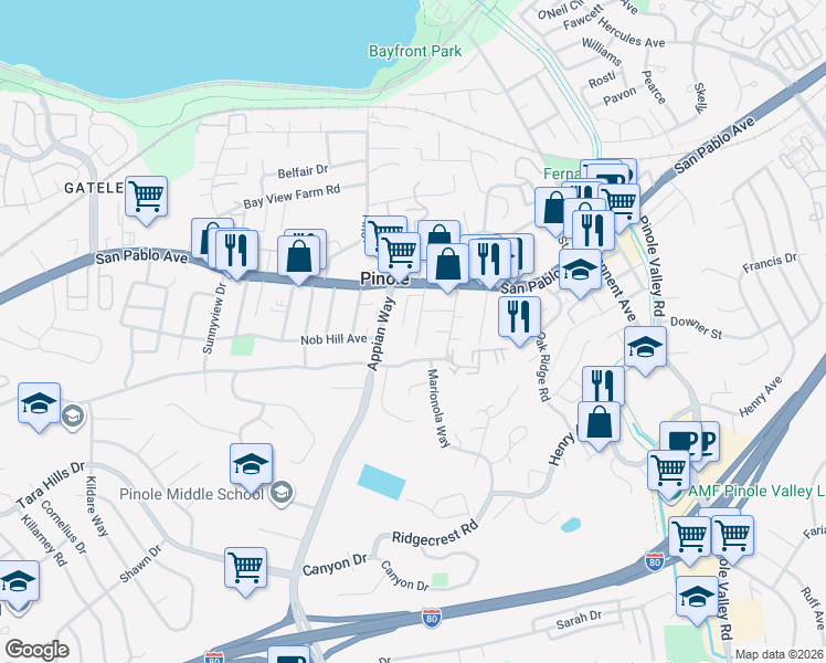 map of restaurants, bars, coffee shops, grocery stores, and more near 924 Smith Avenue in Pinole