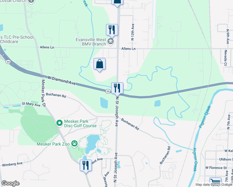 map of restaurants, bars, coffee shops, grocery stores, and more near 3201 West Diamond Avenue in Evansville