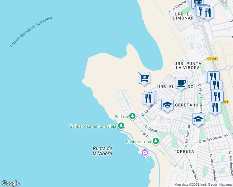 map of restaurants, bars, coffee shops, grocery stores, and more near 288 Calle Sol in Torrevieja