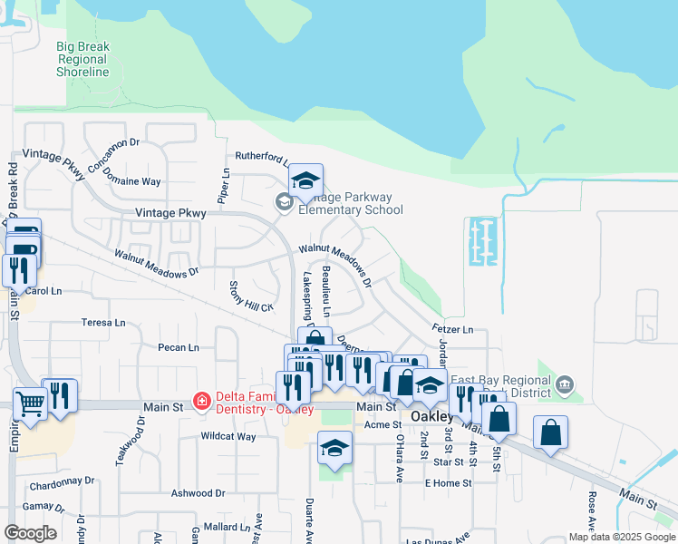 map of restaurants, bars, coffee shops, grocery stores, and more near 426 Beaulieu Lane in Oakley