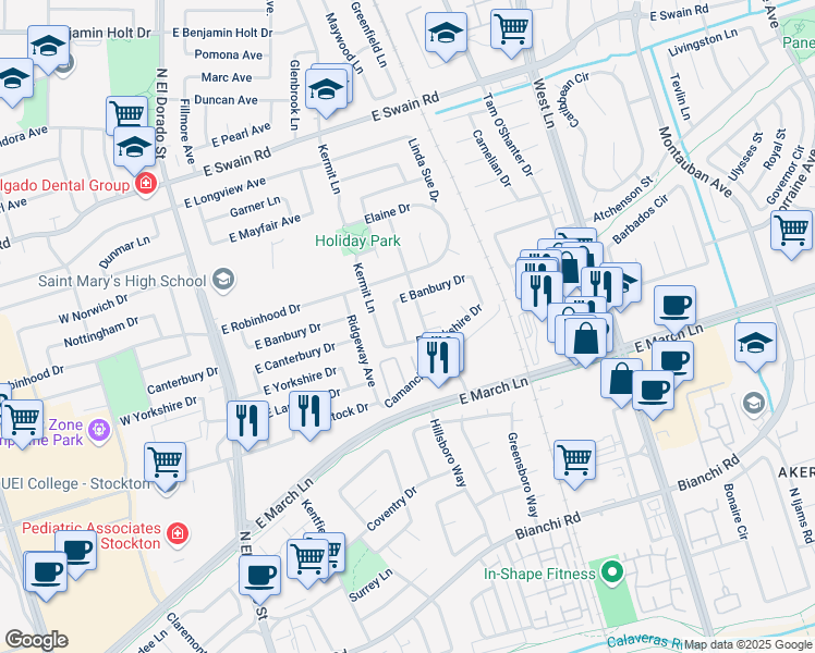 map of restaurants, bars, coffee shops, grocery stores, and more near 5408 Audrey Drive in Stockton