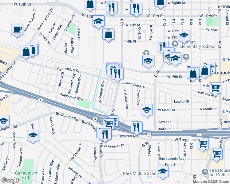 map of restaurants, bars, coffee shops, grocery stores, and more near 2204 L Street in Antioch
