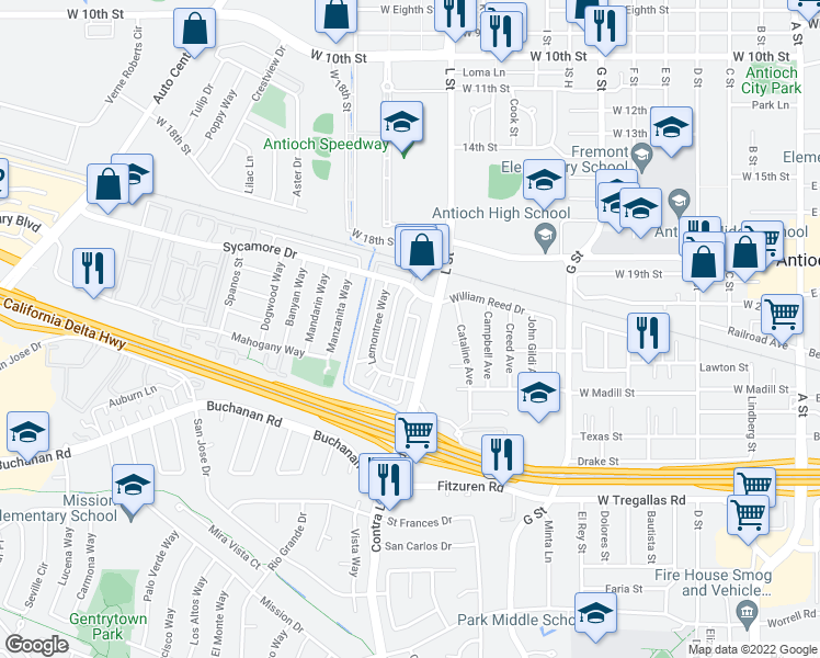 map of restaurants, bars, coffee shops, grocery stores, and more near 2204 L Street in Antioch
