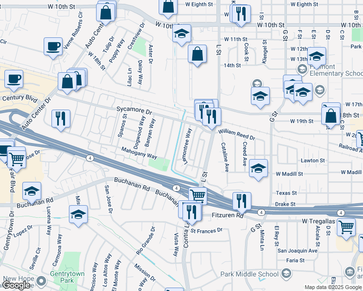 map of restaurants, bars, coffee shops, grocery stores, and more near 2301 Lemontree Way in Antioch
