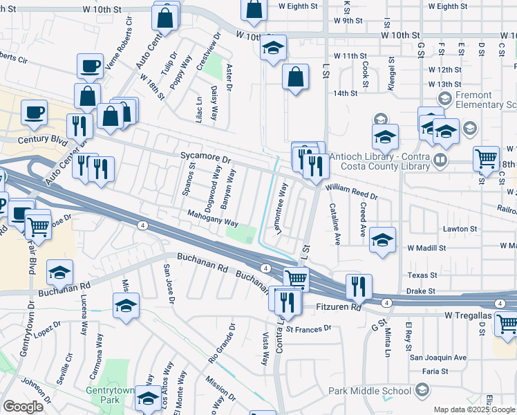 map of restaurants, bars, coffee shops, grocery stores, and more near 2305 Manzanita Way in Antioch