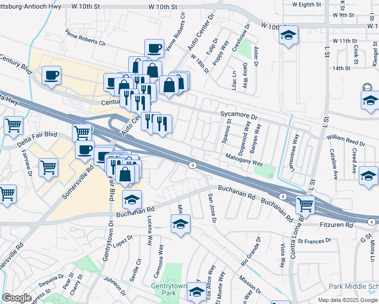 map of restaurants, bars, coffee shops, grocery stores, and more near 2410 Starlight Lane in Antioch