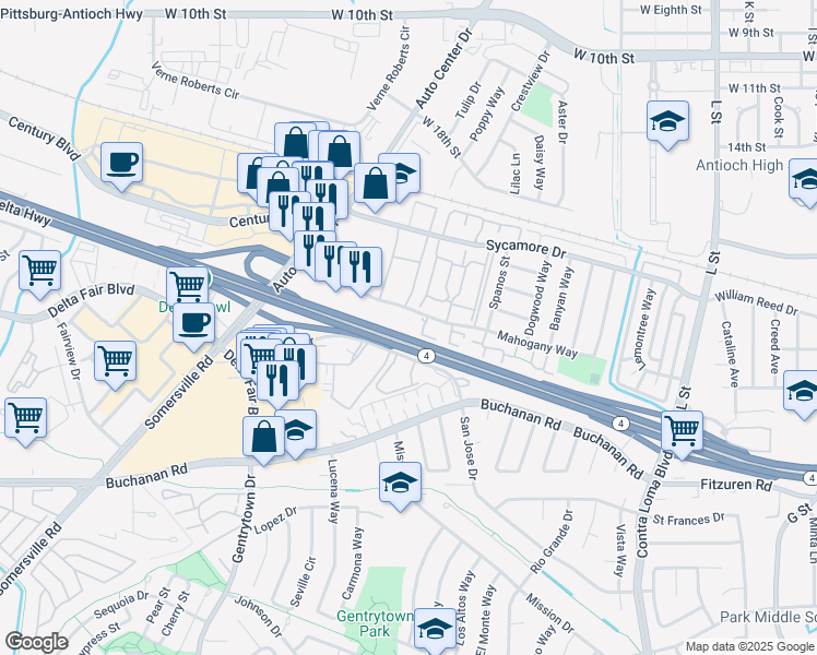 map of restaurants, bars, coffee shops, grocery stores, and more near 2410 Starlight Lane in Antioch