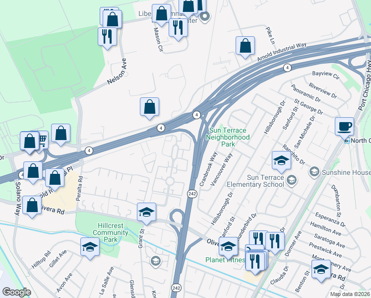 map of restaurants, bars, coffee shops, grocery stores, and more near 3725 Northwood Drive in Concord