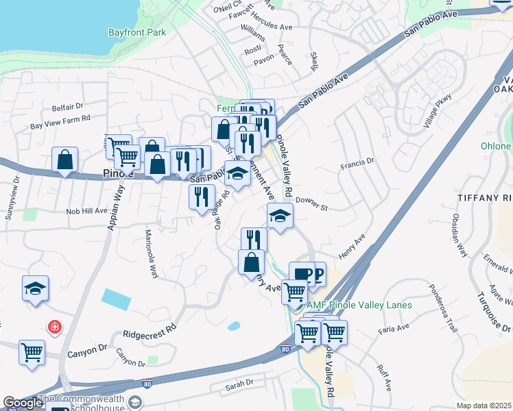 map of restaurants, bars, coffee shops, grocery stores, and more near 2171 Peach Street in Pinole