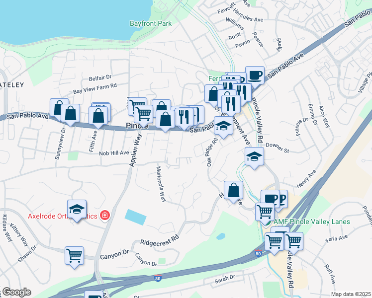 map of restaurants, bars, coffee shops, grocery stores, and more near 801 Alvarez Avenue in Pinole