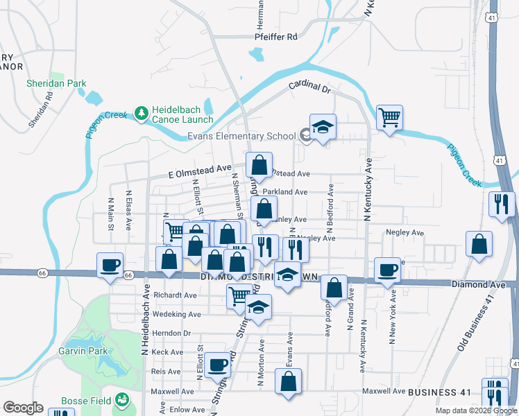 map of restaurants, bars, coffee shops, grocery stores, and more near 2551 Stringtown Road in Evansville