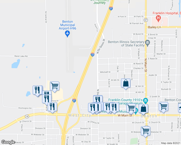 map of restaurants, bars, coffee shops, grocery stores, and more near Interstate 57 in Benton