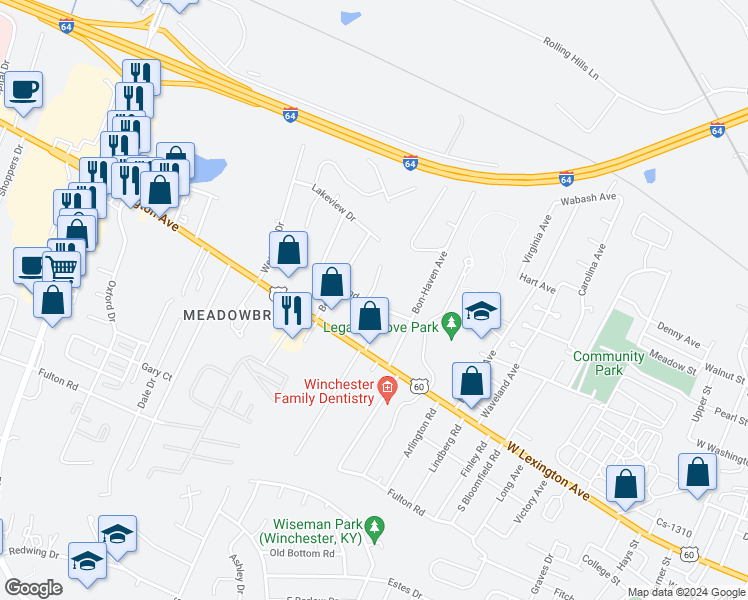 map of restaurants, bars, coffee shops, grocery stores, and more near 118 Andover Drive in Winchester