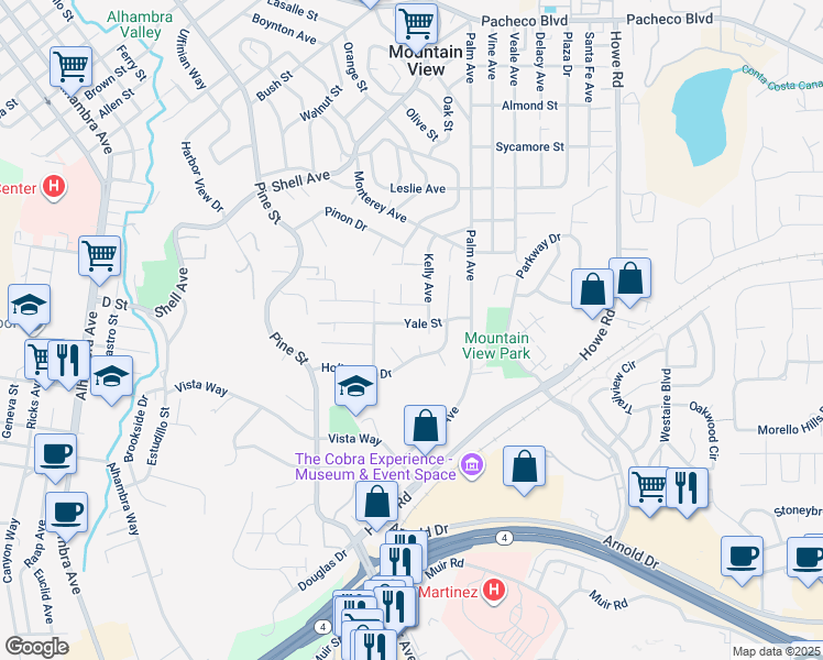 map of restaurants, bars, coffee shops, grocery stores, and more near 2445 Yale Street in Martinez