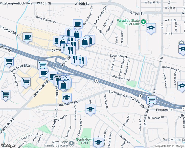 map of restaurants, bars, coffee shops, grocery stores, and more near 2410 Starlight Lane in Antioch
