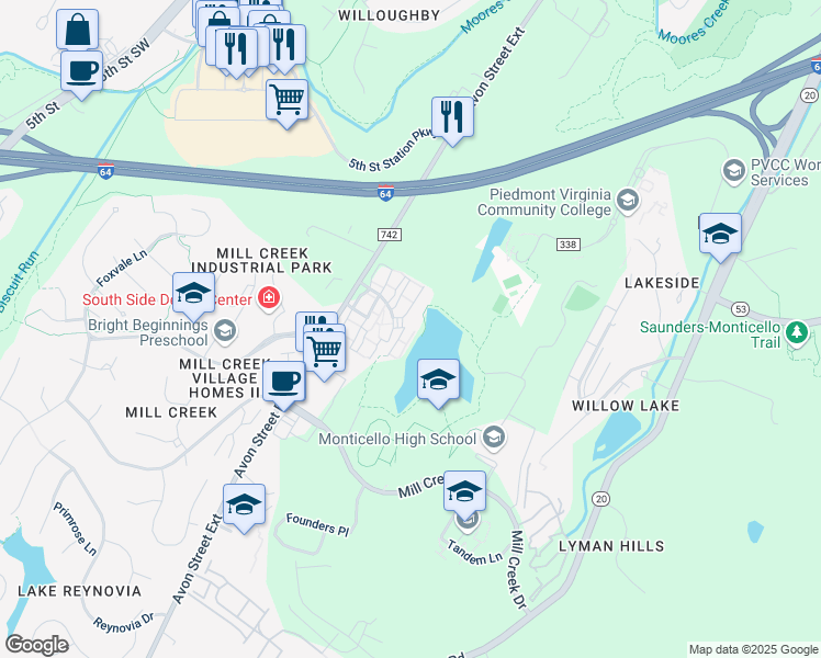 map of restaurants, bars, coffee shops, grocery stores, and more near 211 Lake Club Court in Charlottesville